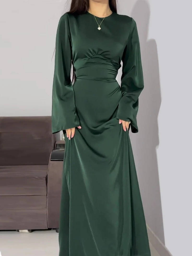Women's Satin Back Lace Up Maxi Dress with Round Neck and Long Sleeves