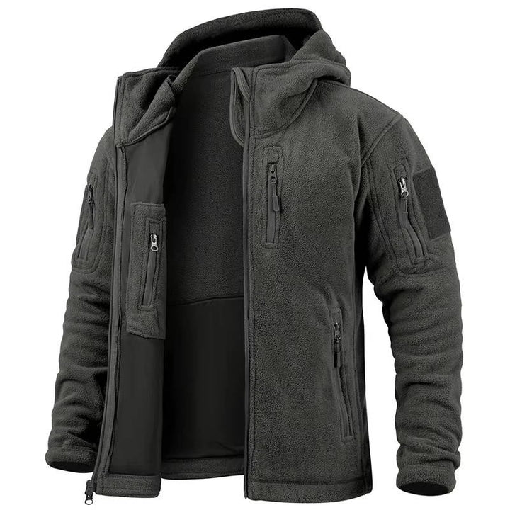 Men's Tactical Fleece Jacket with Hood and Multiple Pockets