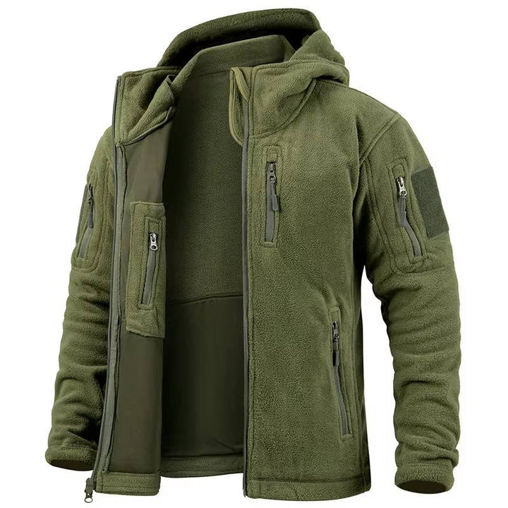 Men's Tactical Fleece Jacket with Hood and Multiple Pockets