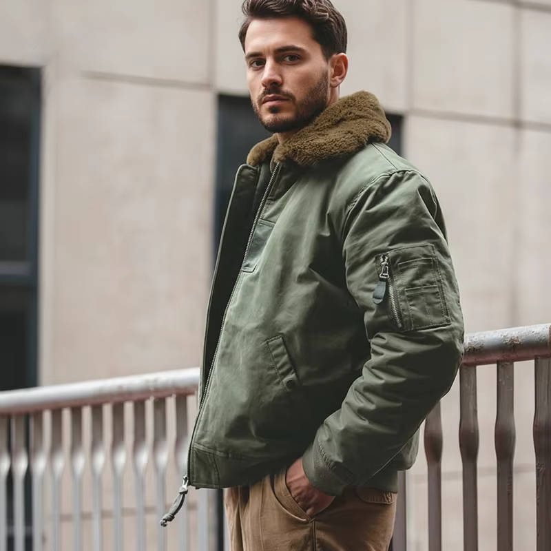 Men's Windproof Bomber Jacket with Rabbit Fur Lining