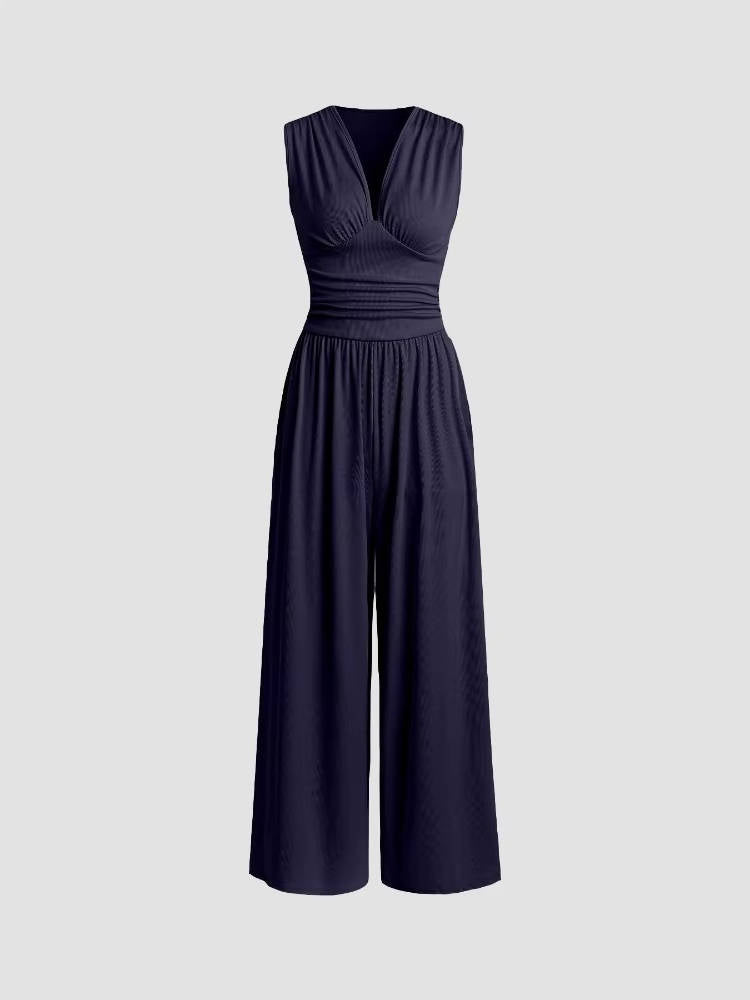 Women's Rib Knit Sleeveless Jumpsuit with Deep V Neck and Wide Legs