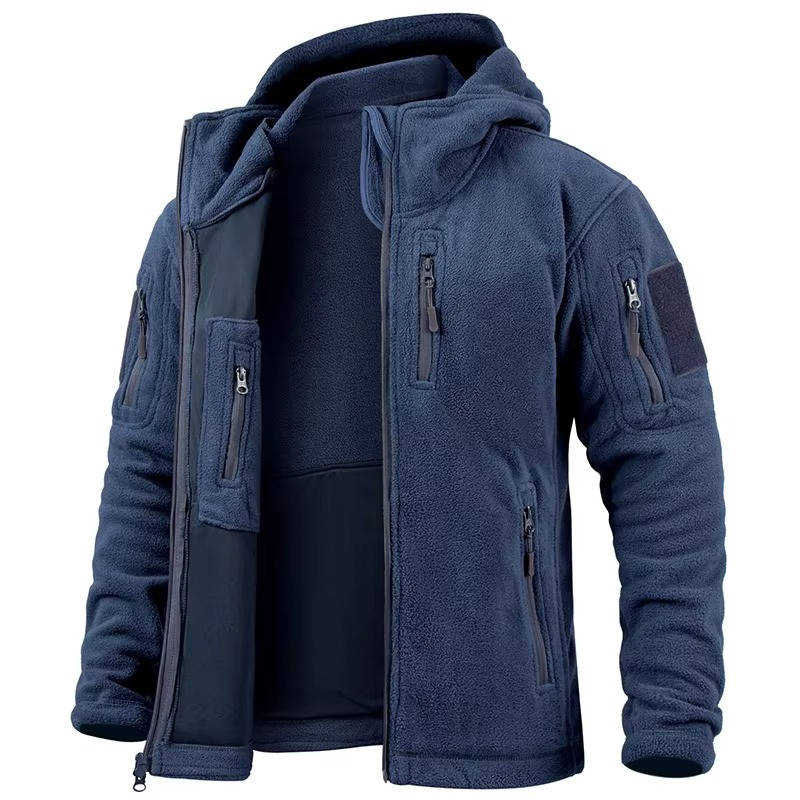 Men's Tactical Fleece Jacket with Hood and Multiple Pockets