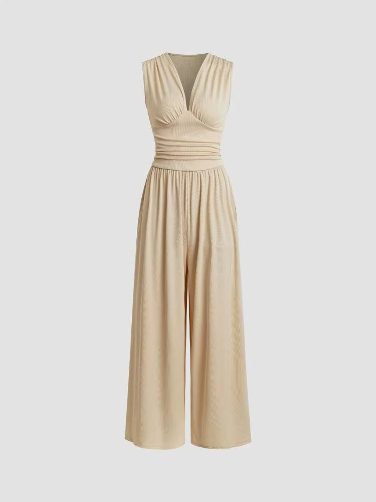 Women's Rib Knit Sleeveless Jumpsuit with Deep V Neck and Wide Legs