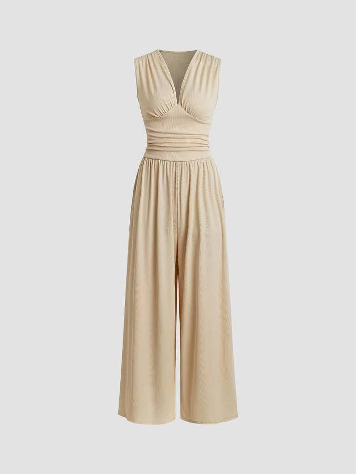 Women's Rib Knit Sleeveless Jumpsuit with Deep V Neck and Wide Legs