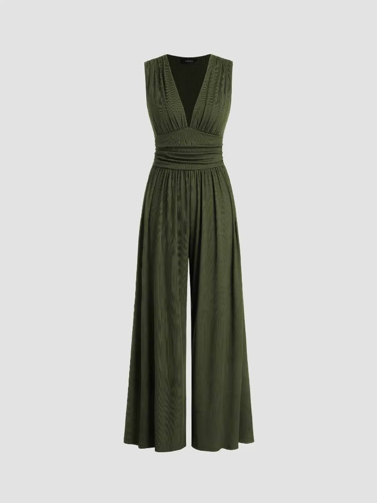 Women's Rib Knit Sleeveless Jumpsuit with Deep V Neck and Wide Legs