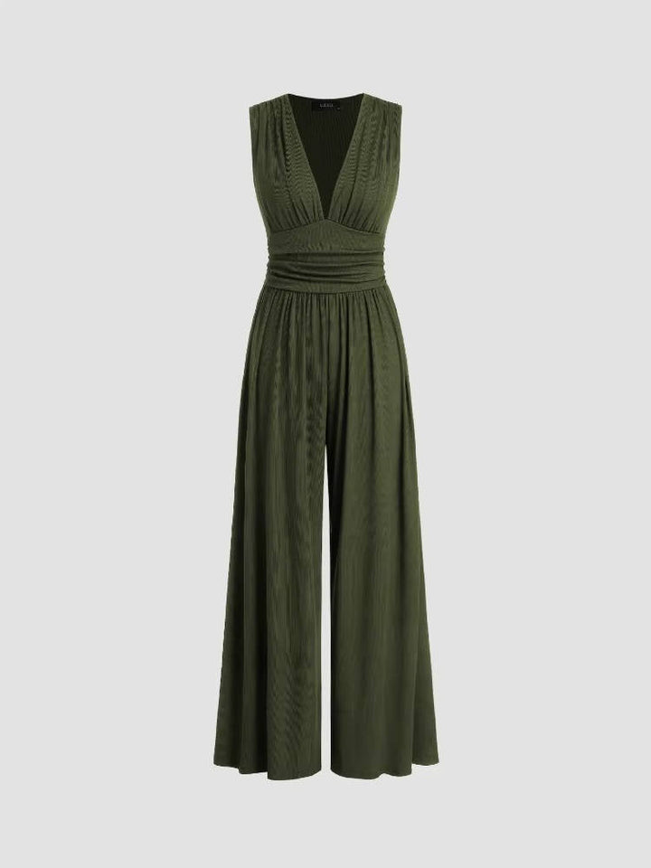 Women's Rib Knit Sleeveless Jumpsuit with Deep V Neck and Wide Legs
