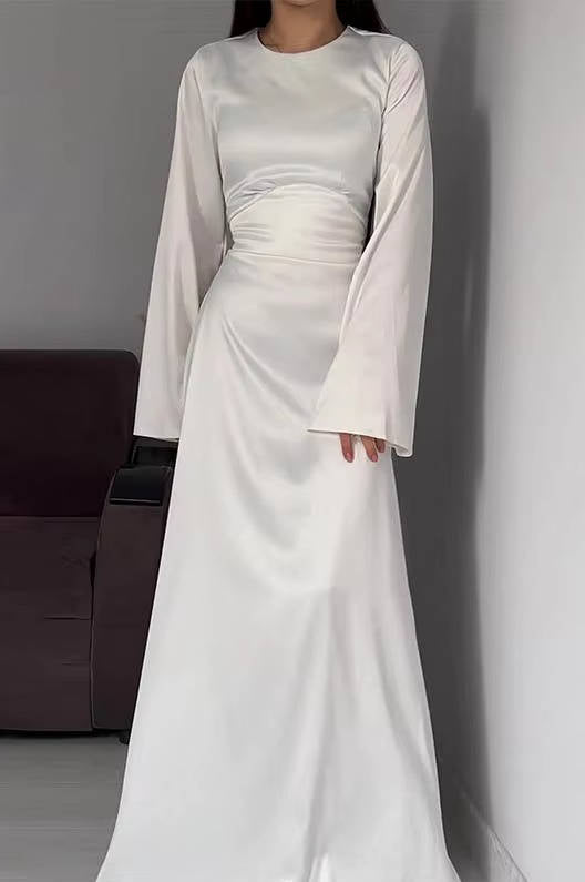 Women's Satin Back Lace Up Maxi Dress with Round Neck and Long Sleeves