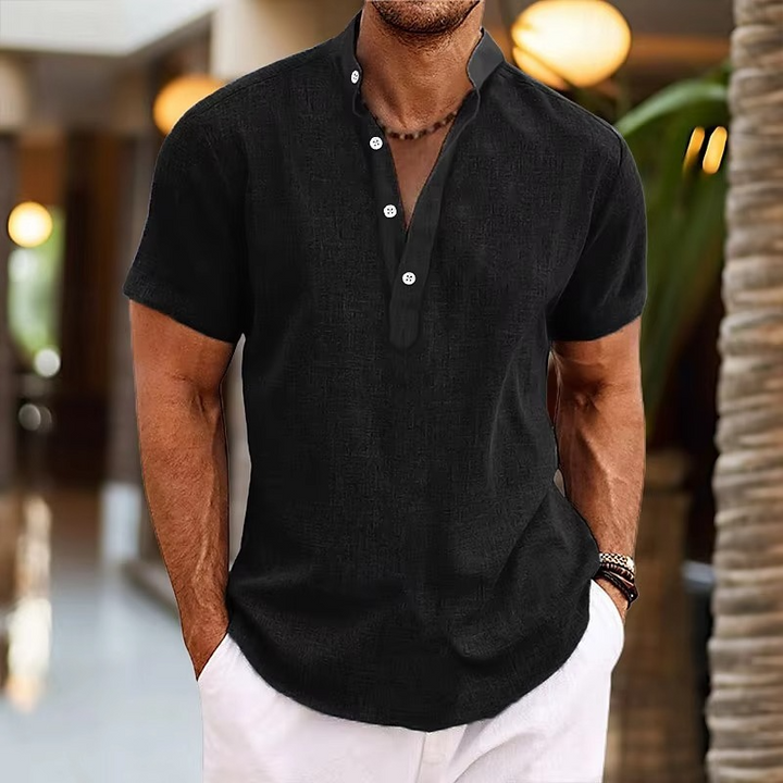 Men's Short Sleeve Casual Linen Henley Top