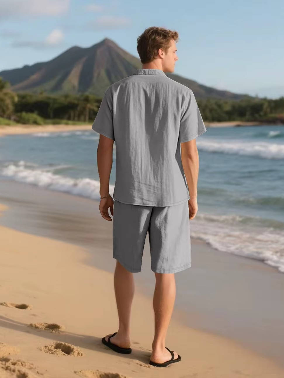 Men's Linen Short Sleeve Button-Up Shirt and Shorts Set for Summer