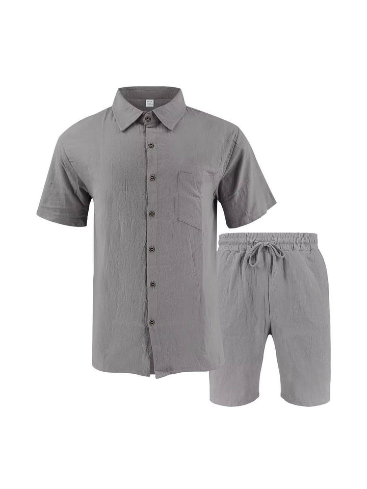 Men's Linen Short Sleeve Button-Up Shirt and Shorts Set for Summer