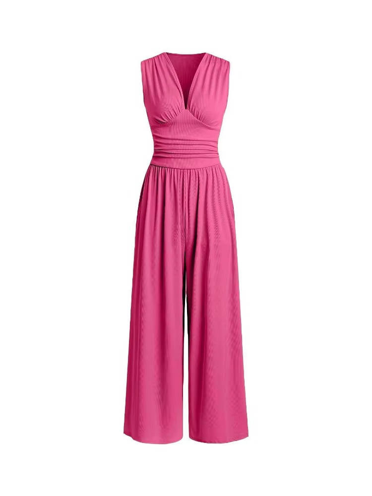 Women's Rib Knit Sleeveless Jumpsuit with Deep V Neck and Wide Legs