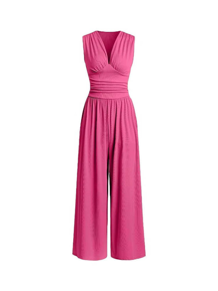 Women's Rib Knit Sleeveless Jumpsuit with Deep V Neck and Wide Legs
