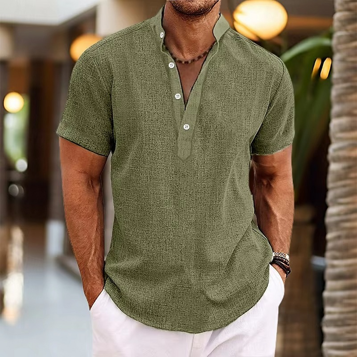 Men's Short Sleeve Casual Linen Henley Top