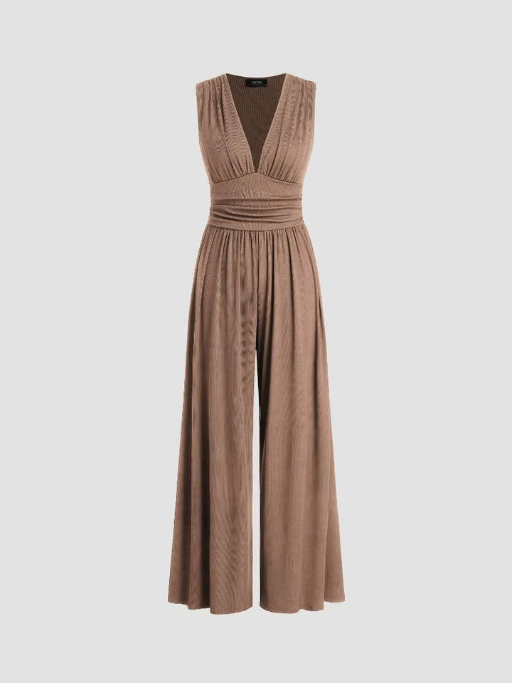 Women's Rib Knit Sleeveless Jumpsuit with Deep V Neck and Wide Legs