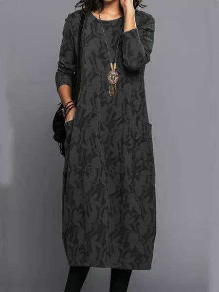 Women's Long Sleeve Midi Dress with Convenient Pockets