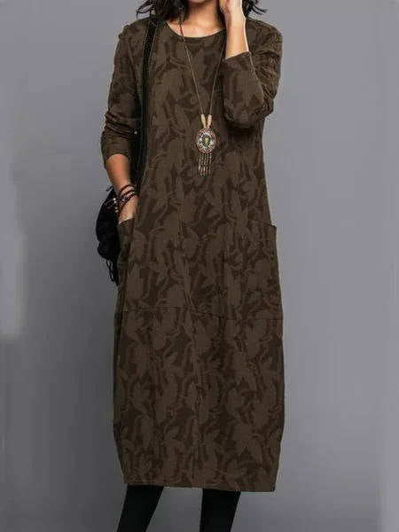 Women's Long Sleeve Midi Dress with Convenient Pockets