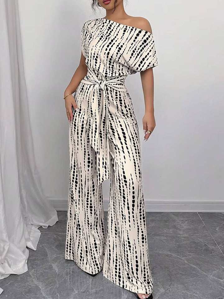Women's Asymmetric One Shoulder Patterned Jumpsuit with Tie Waist