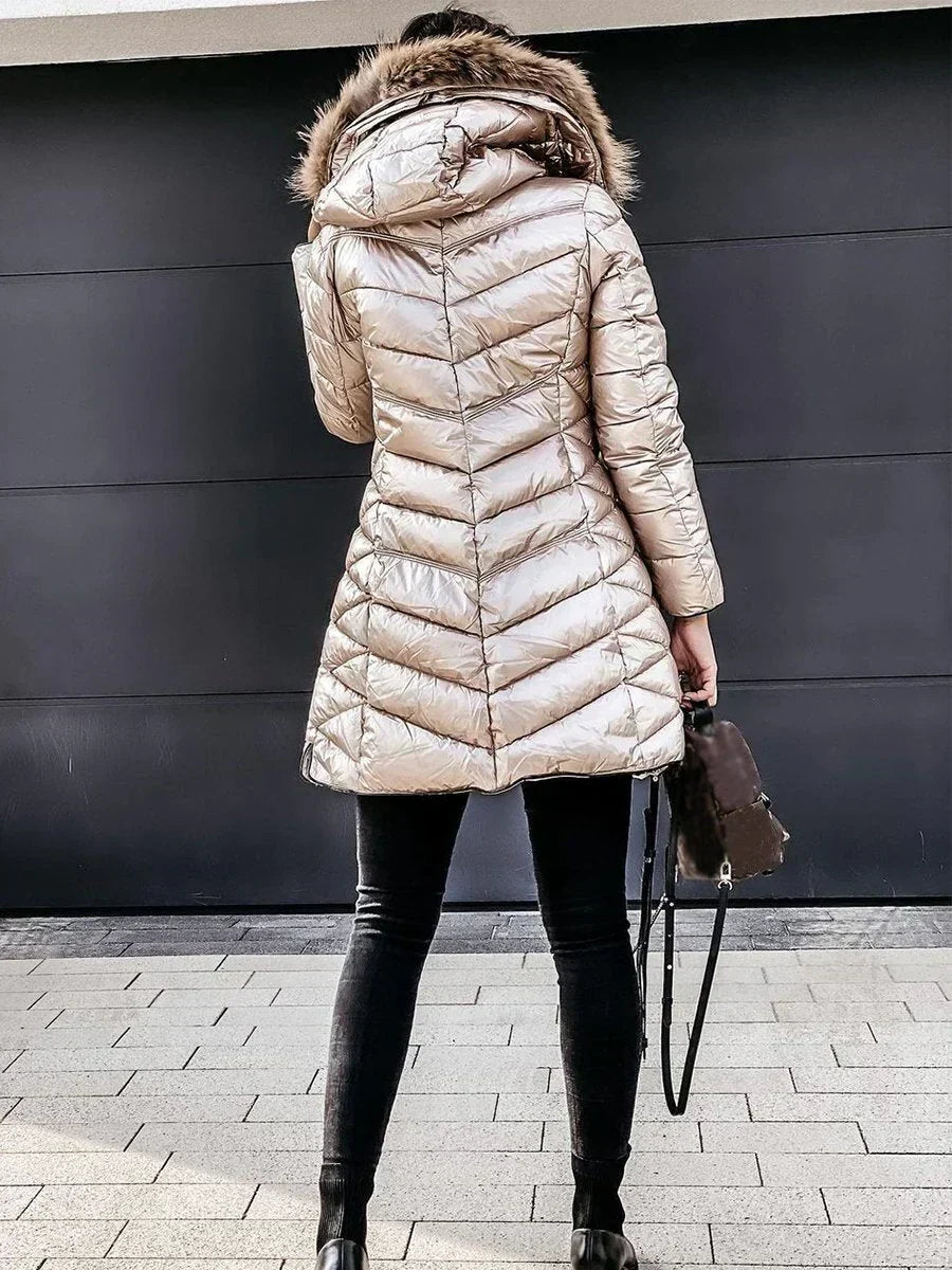 Women's Stylish Cream Winter Jacket with Zipper – Warm & Elegant
