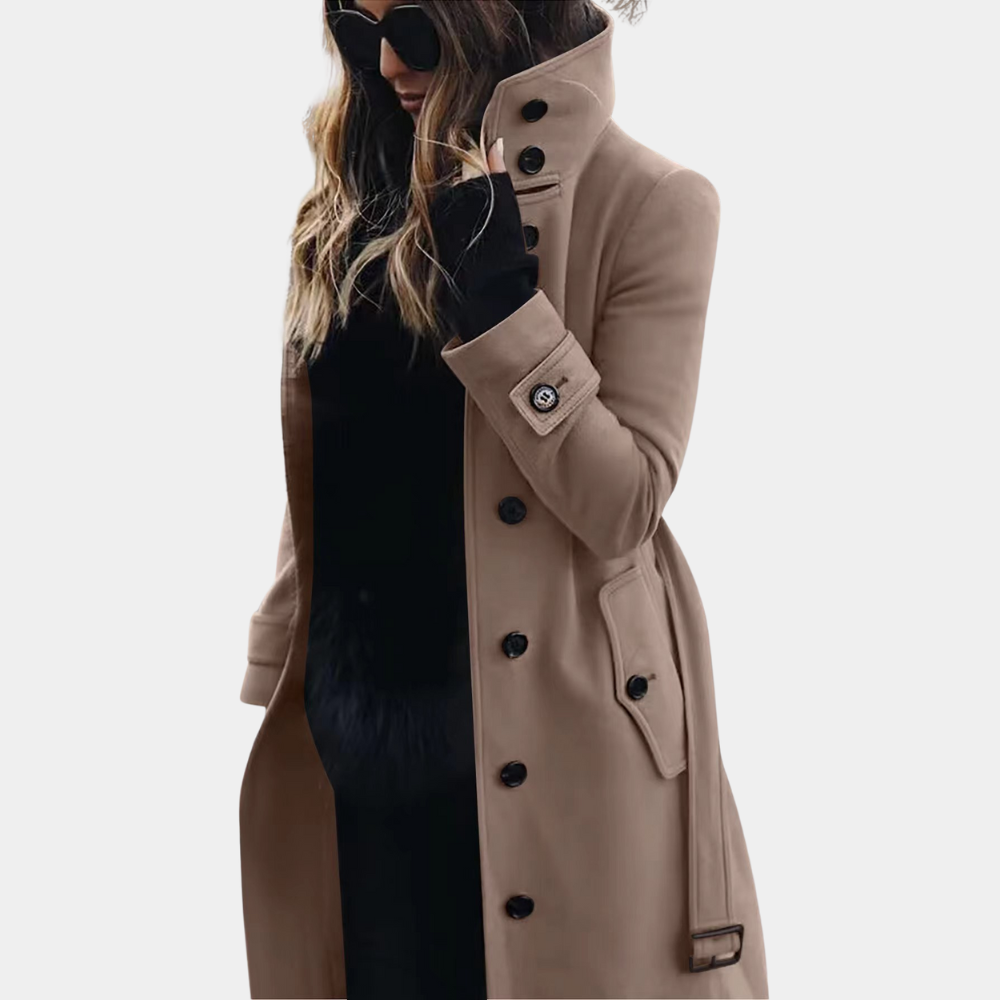 Women's Long Belted Trench Coat with High Collar
