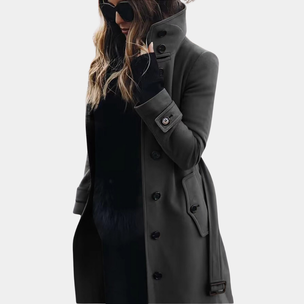Women's Long Belted Trench Coat with High Collar