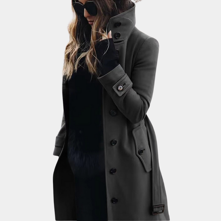 Women's Long Belted Trench Coat with High Collar