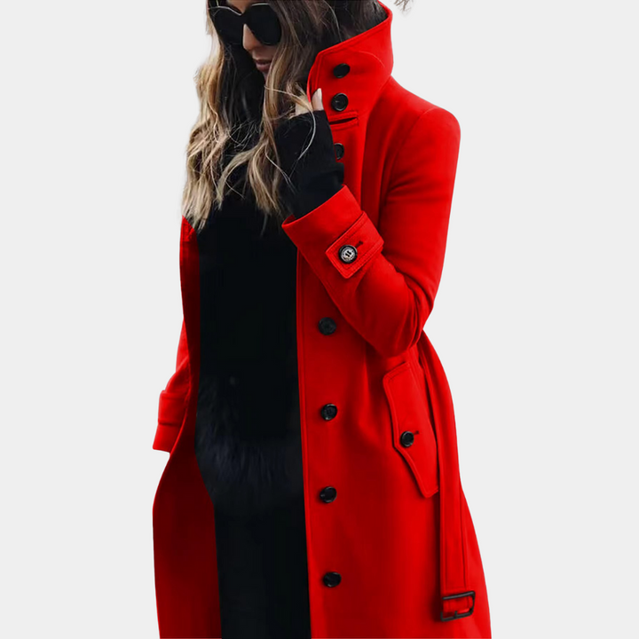 Women's Long Belted Trench Coat with High Collar