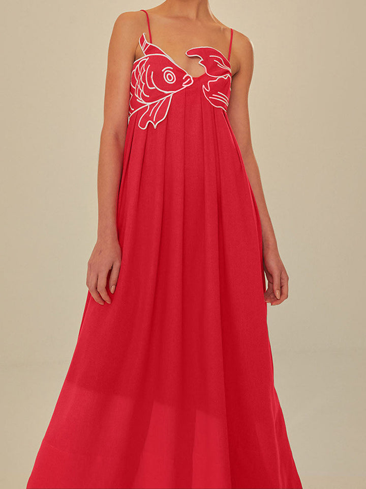 Women's Embroidered Spaghetti Strap Midi Dress