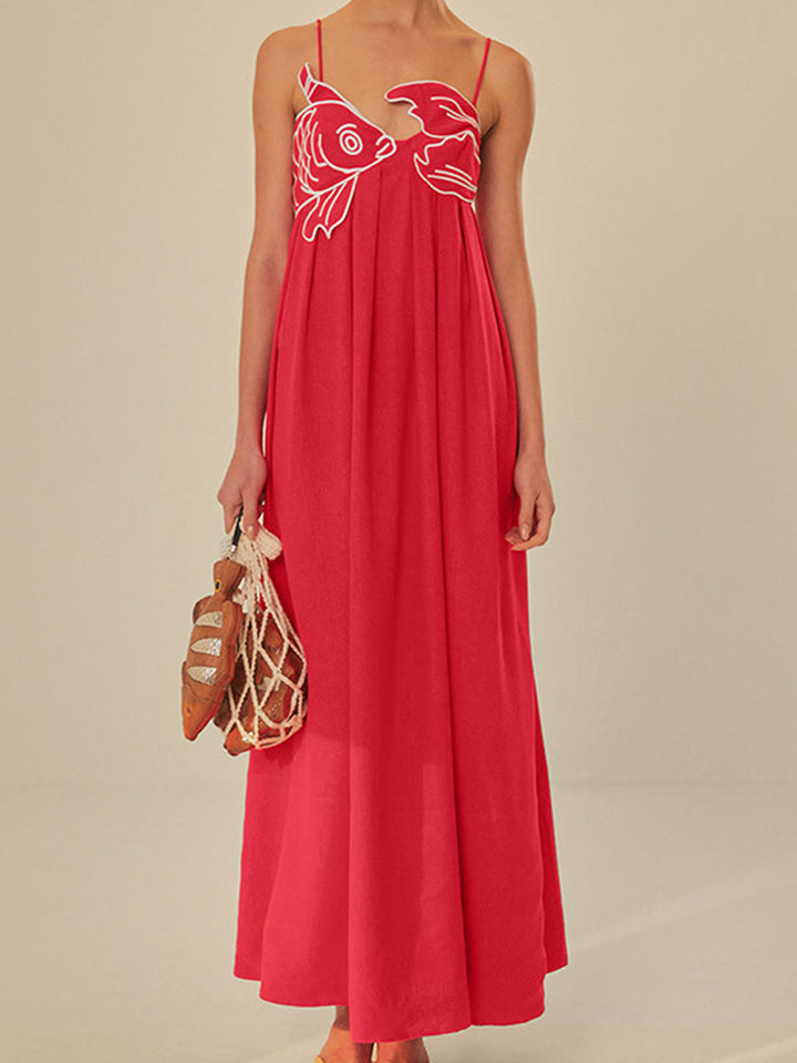 Women's Embroidered Spaghetti Strap Midi Dress