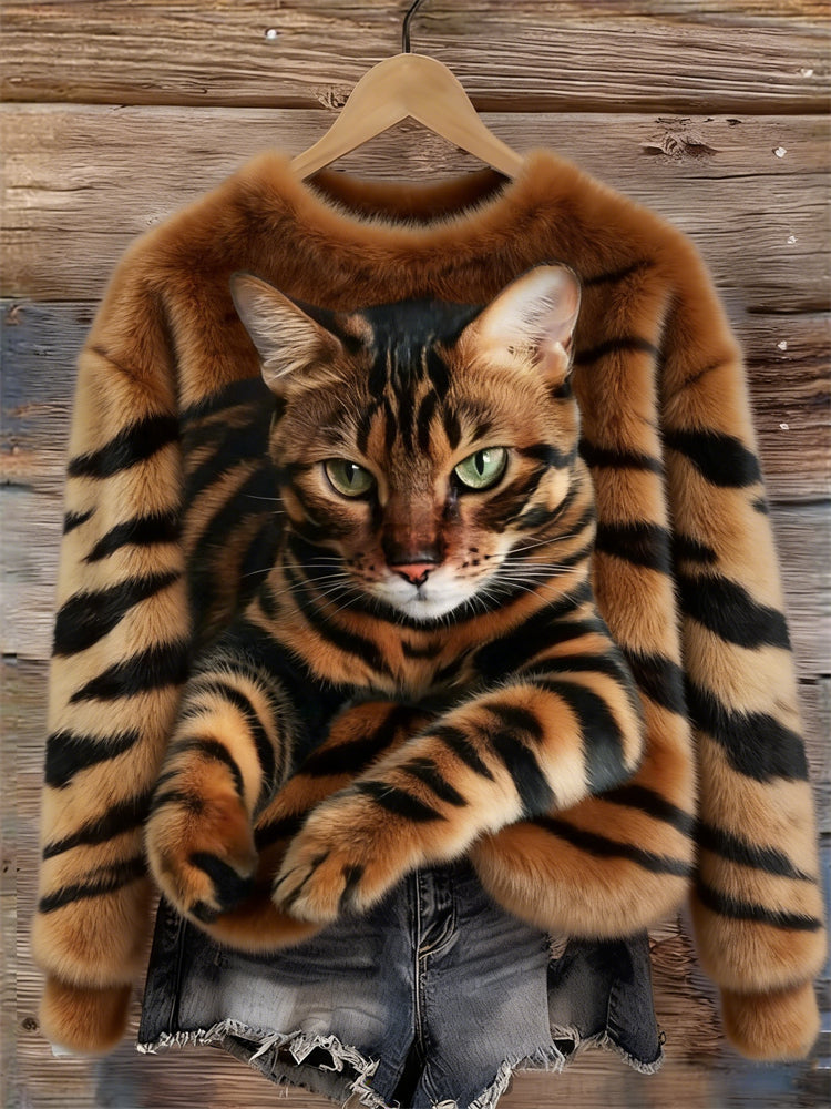 Women's Plush Sweatshirt with Tiger and Kitten Print for Winter