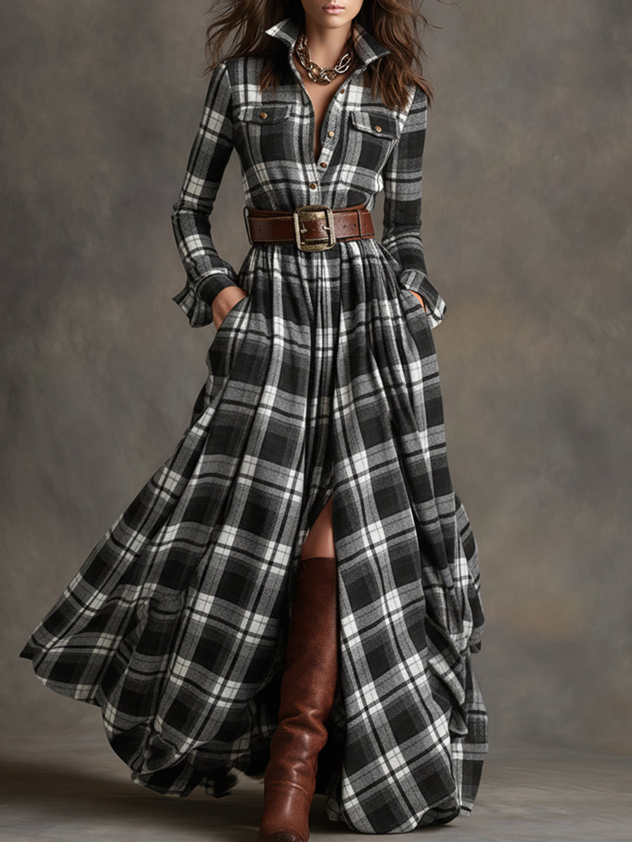 Gabriella | Women's Plaid Maxi Dress with Belt