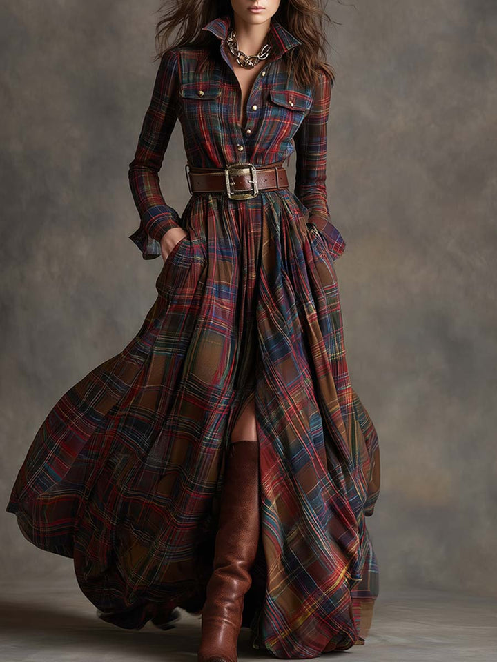 Gabriella | Women's Plaid Maxi Dress with Belt