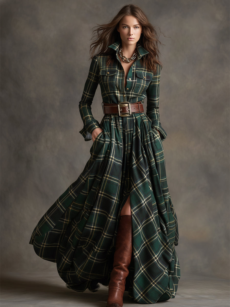 Gabriella | Women's Plaid Maxi Dress with Belt