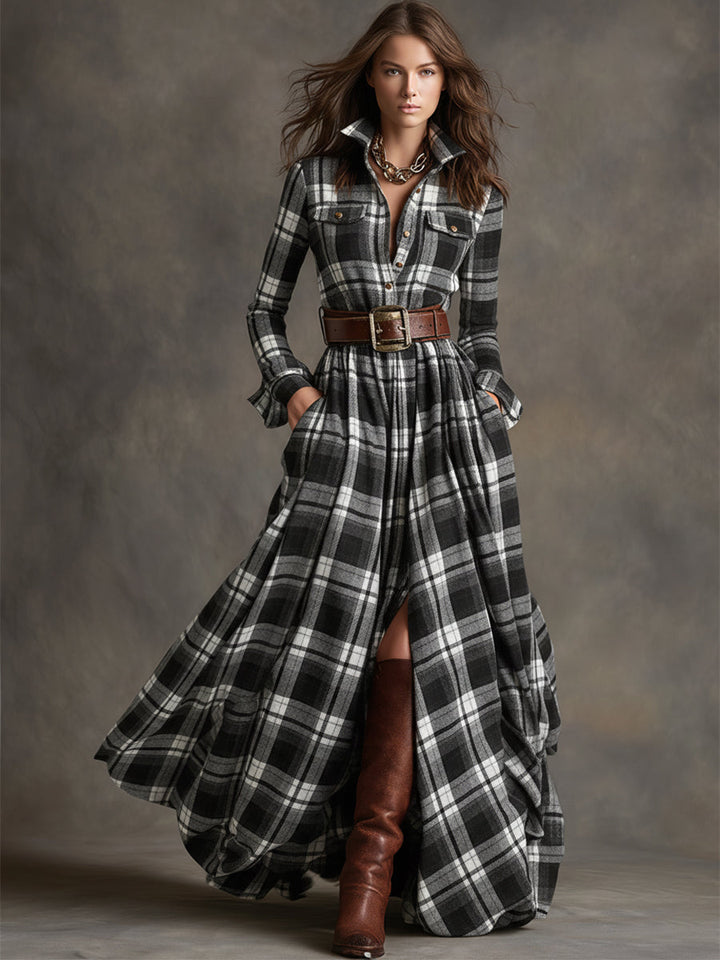 Gabriella | Women's Plaid Maxi Dress with Belt