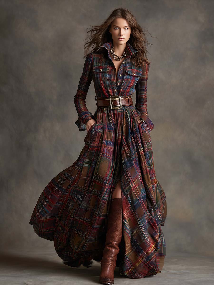 Gabriella | Women's Plaid Maxi Dress with Belt