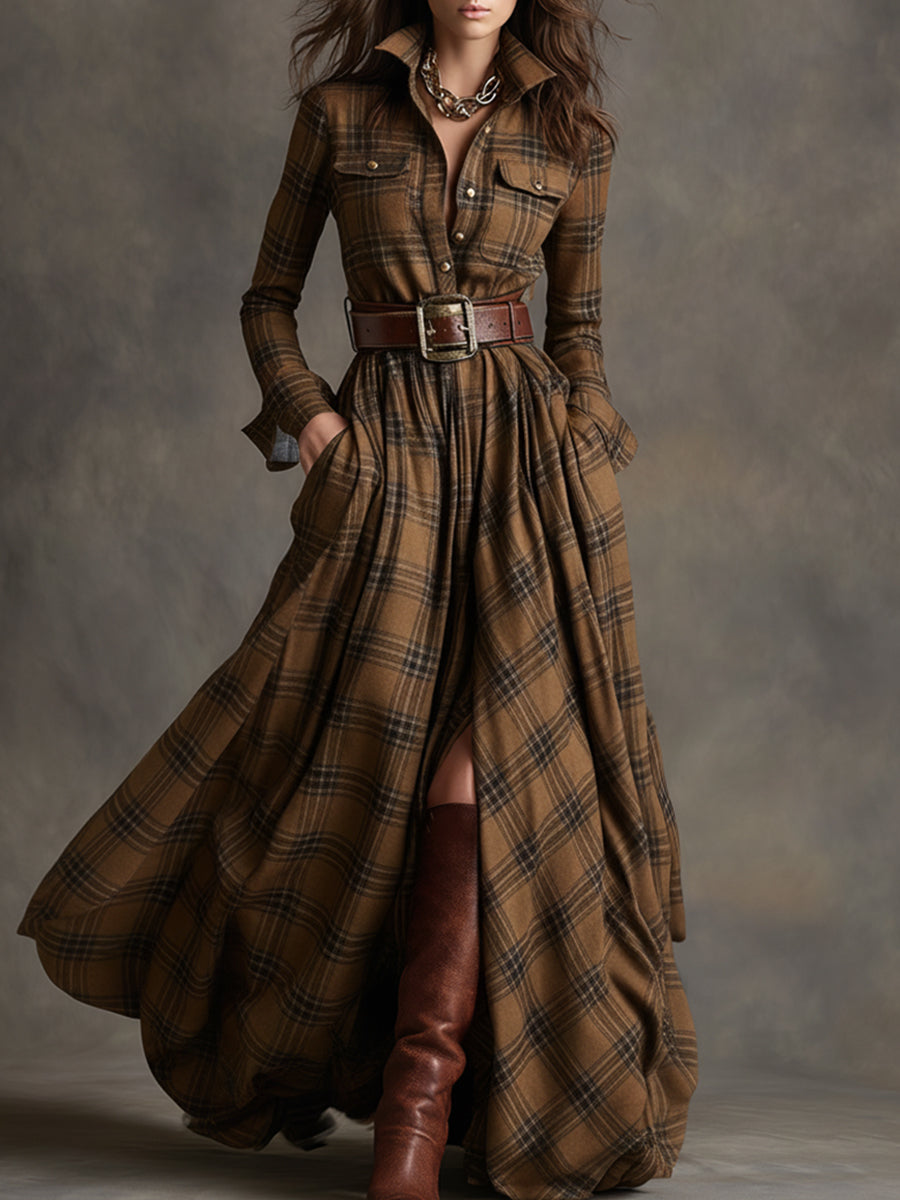 Gabriella | Women's Plaid Maxi Dress with Belt