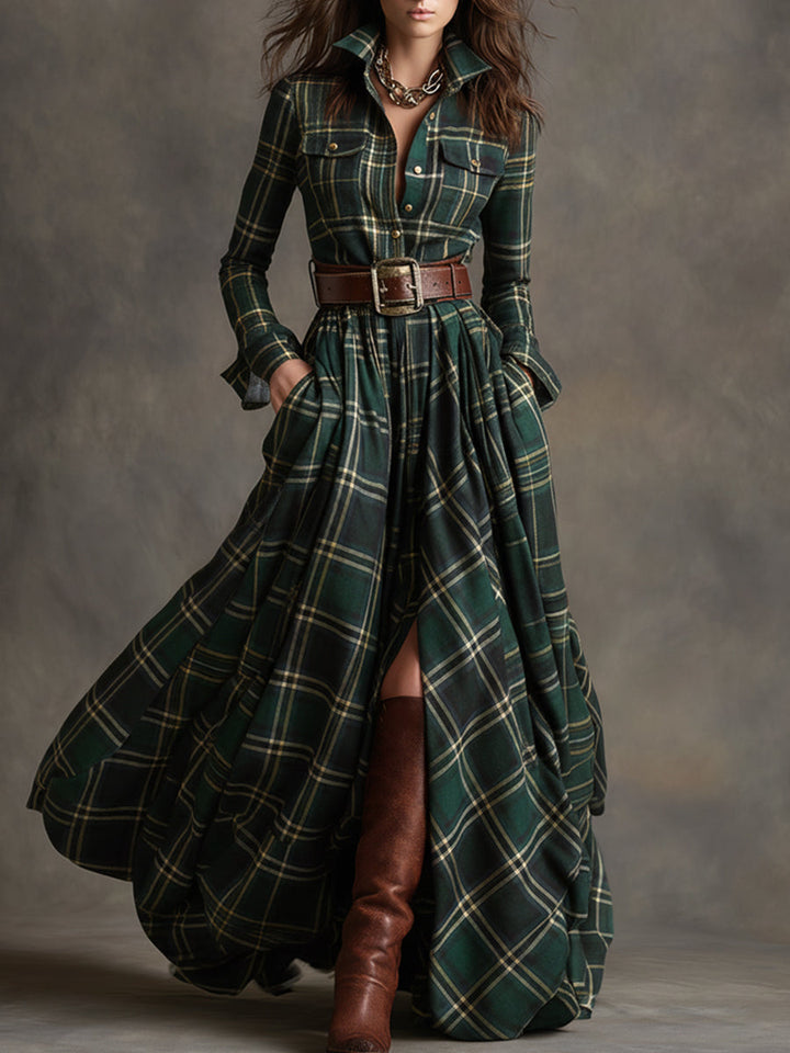 Gabriella | Women's Plaid Maxi Dress with Belt