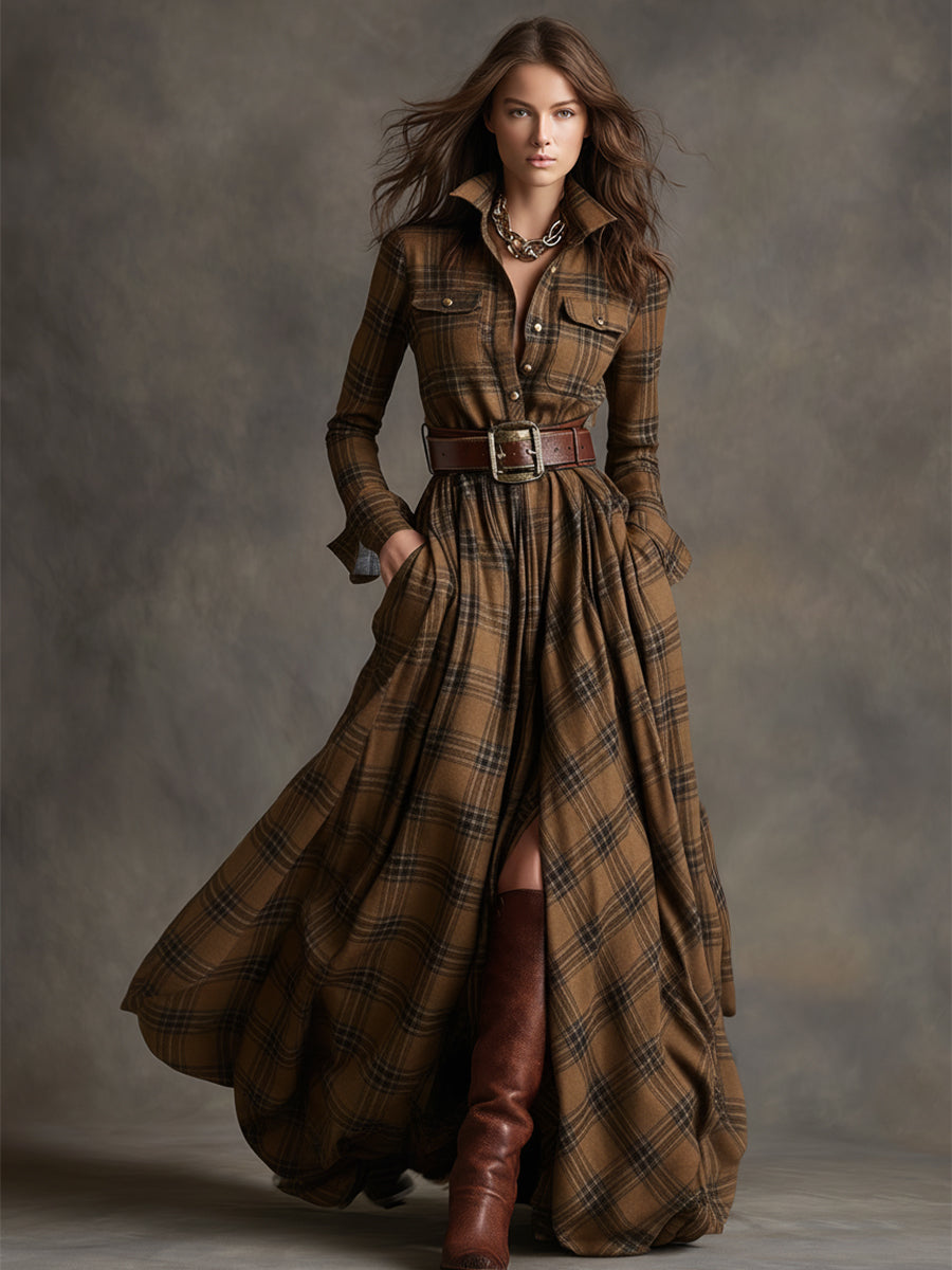 Gabriella | Women's Plaid Maxi Dress with Belt
