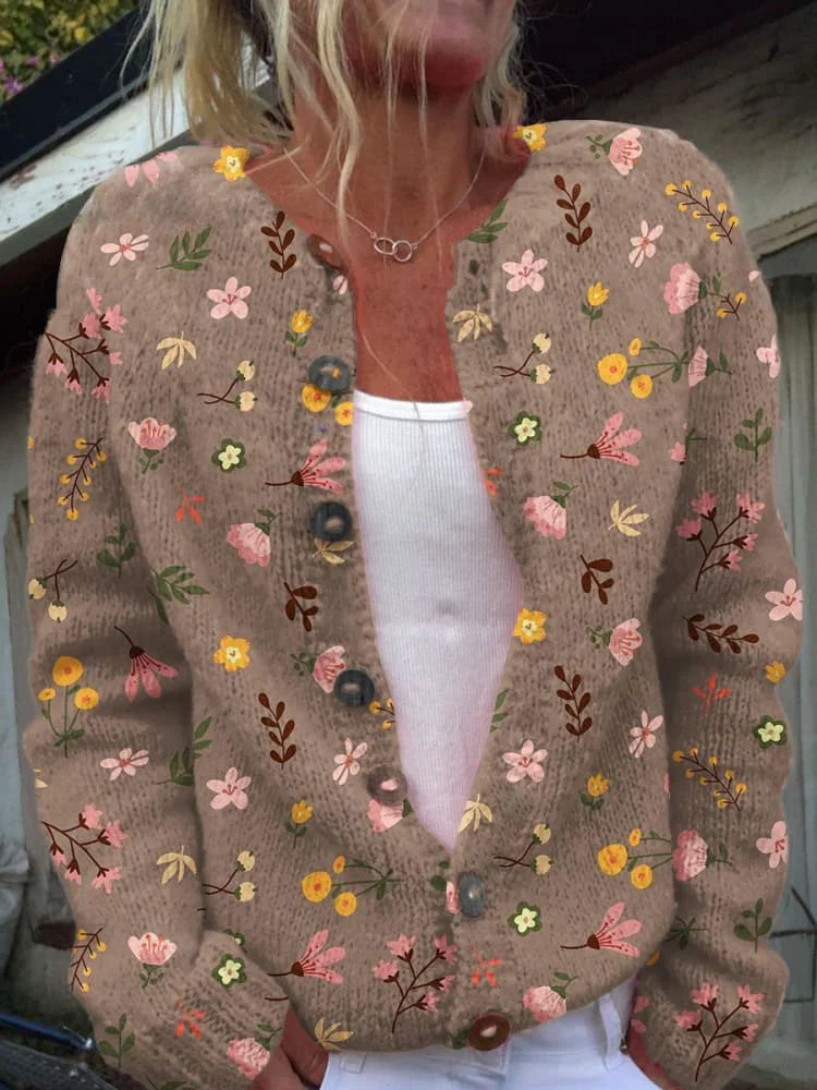 Women's Floral Print Knitted Cardigan with Button Details