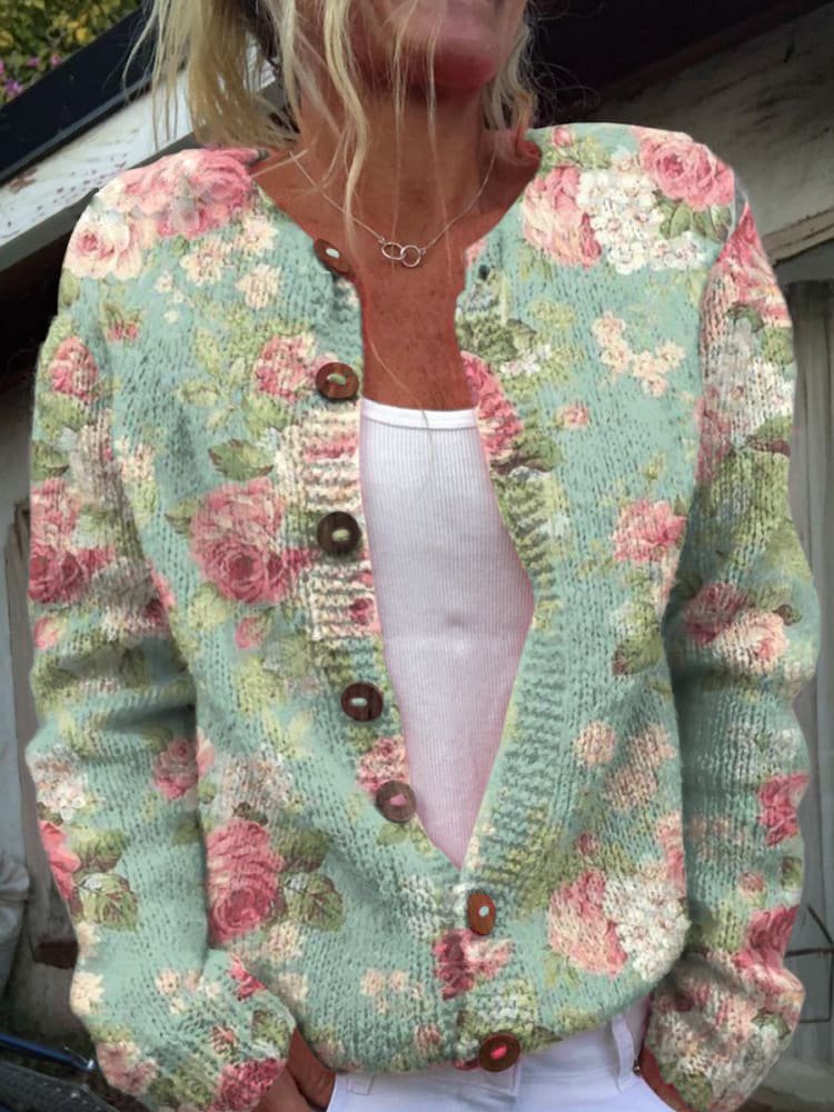 Women's Floral Print Knitted Cardigan with Button Details