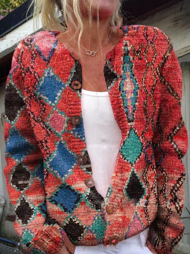 Women's Floral Print Knitted Cardigan with Button Details