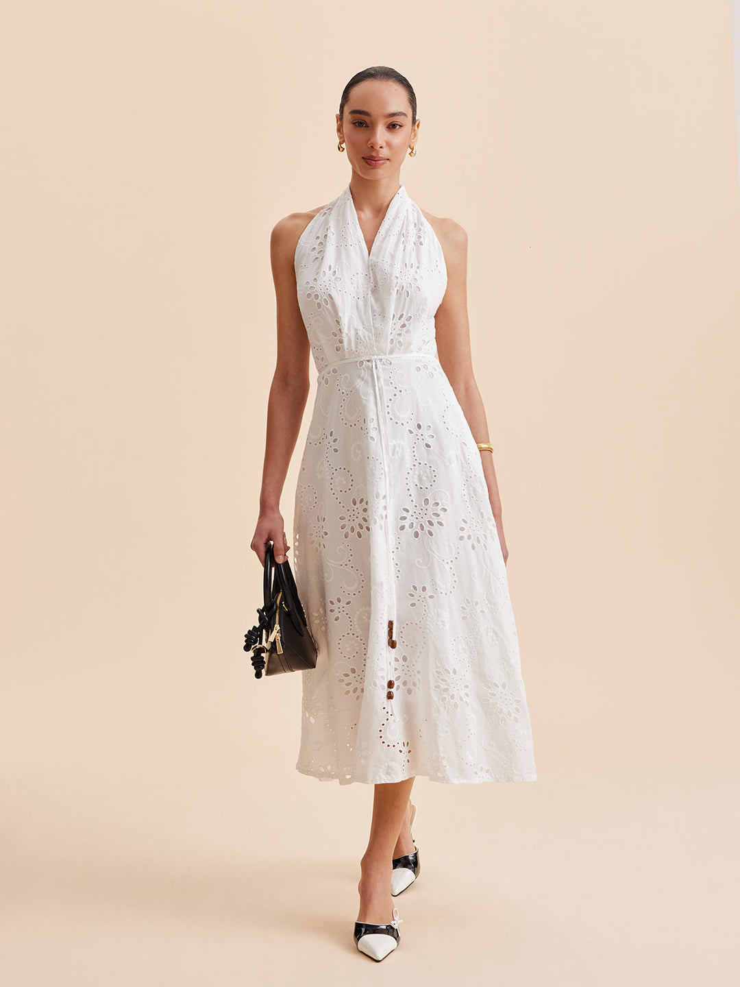 Women's Halter Neck Eyelet Belted Midi Dress for Stylish Summer Wear