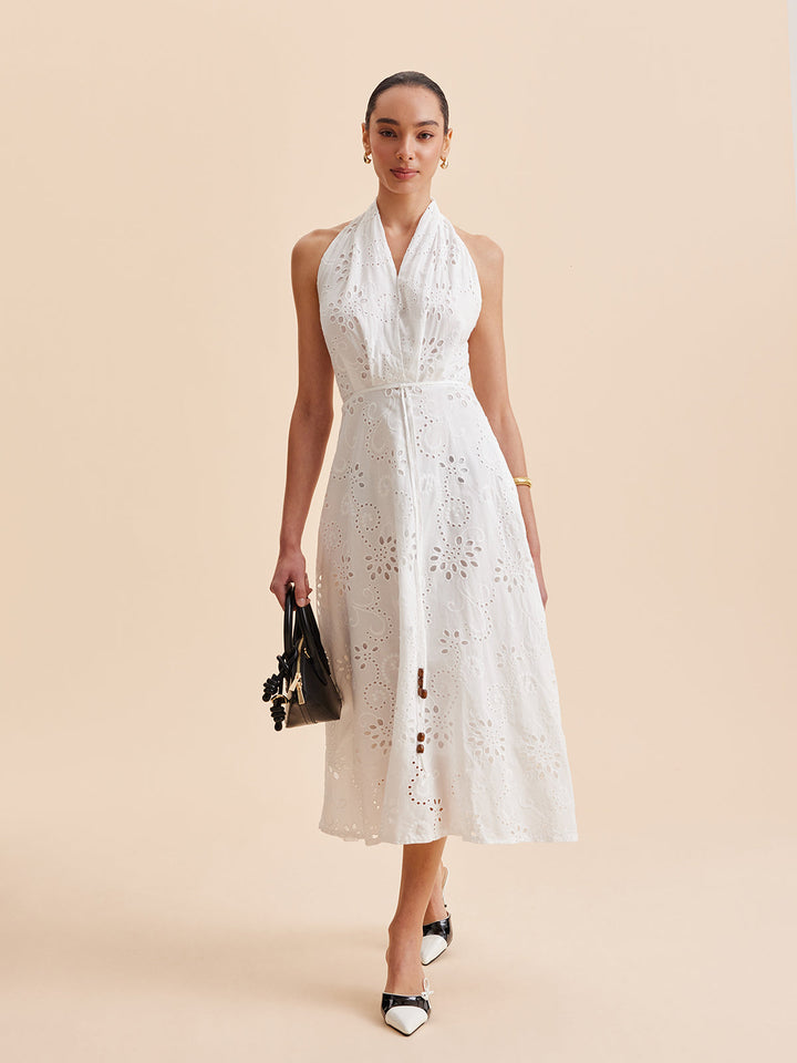 Women's Halter Neck Eyelet Belted Midi Dress for Stylish Summer Wear