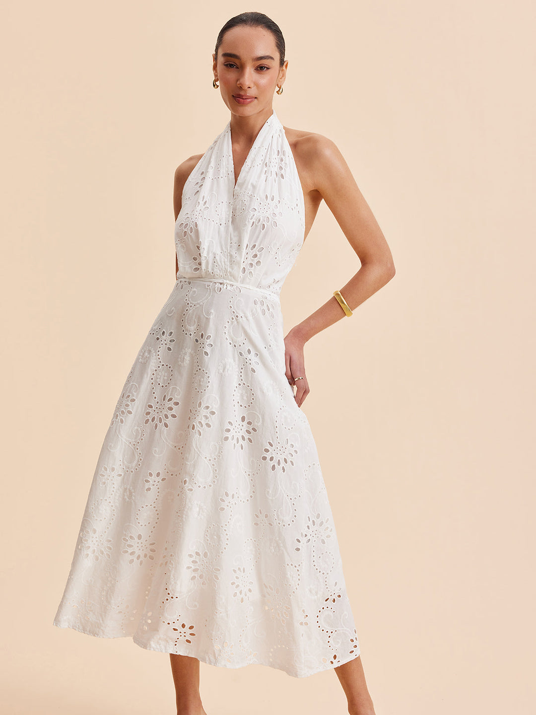 Women's Halter Neck Eyelet Belted Midi Dress for Stylish Summer Wear