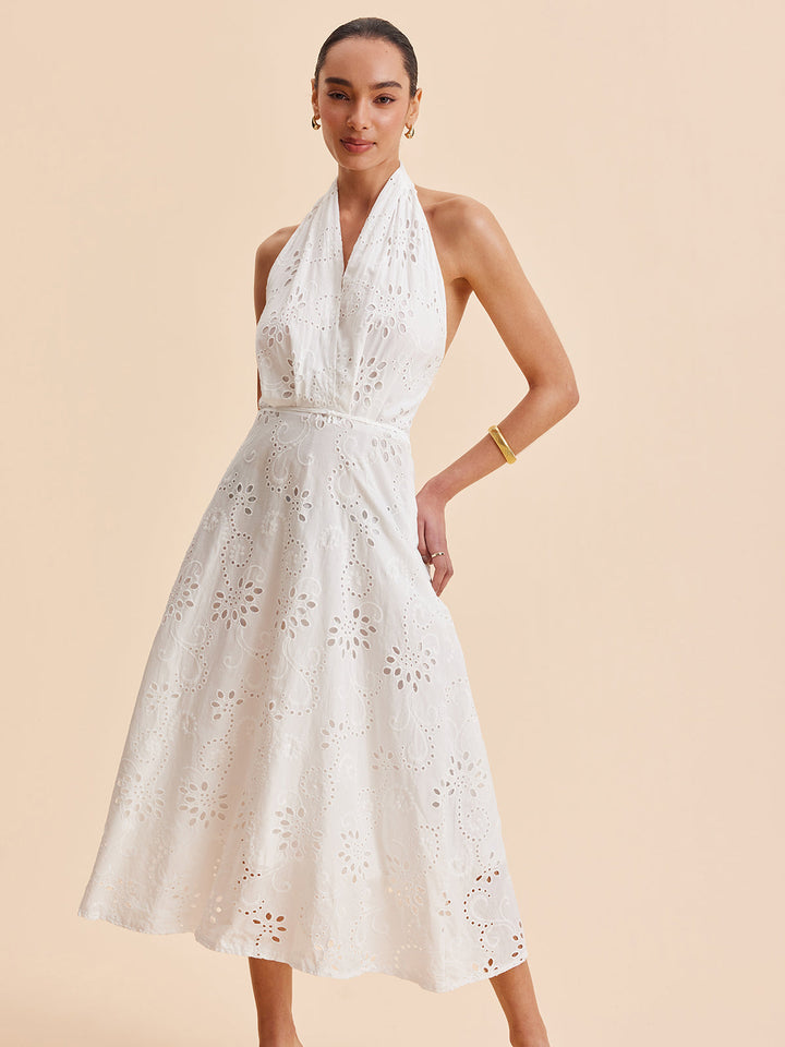 Women's Halter Neck Eyelet Belted Midi Dress for Stylish Summer Wear