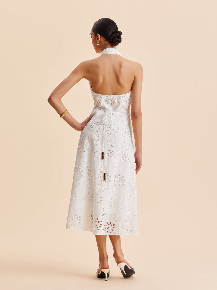 Women's Halter Neck Eyelet Belted Midi Dress for Stylish Summer Wear