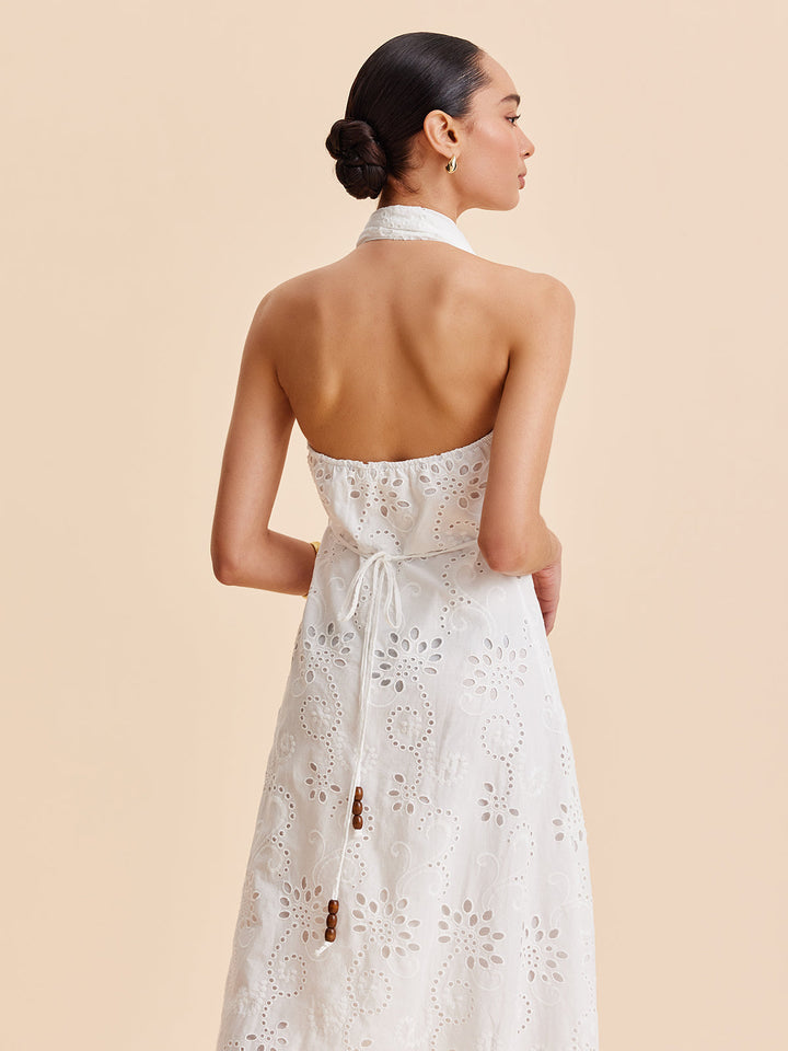 Women's Halter Neck Eyelet Belted Midi Dress for Stylish Summer Wear