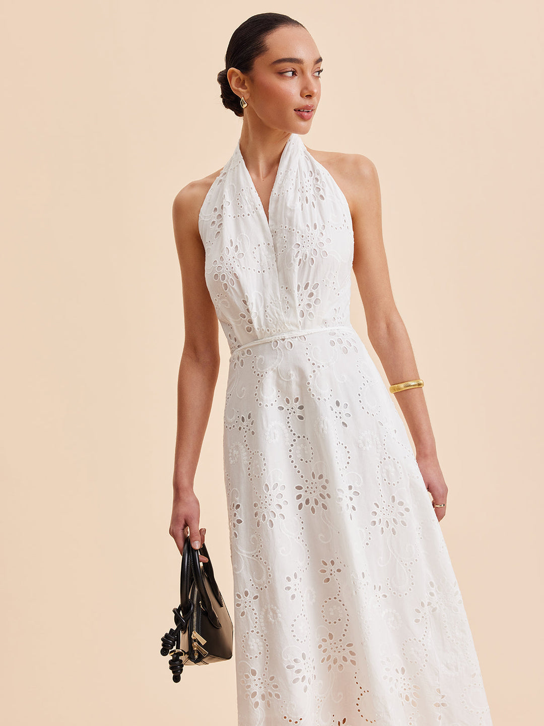 Women's Halter Neck Eyelet Belted Midi Dress for Stylish Summer Wear