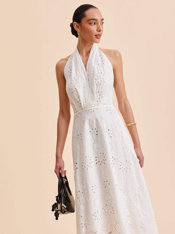 Women's Halter Neck Eyelet Belted Midi Dress for Stylish Summer Wear