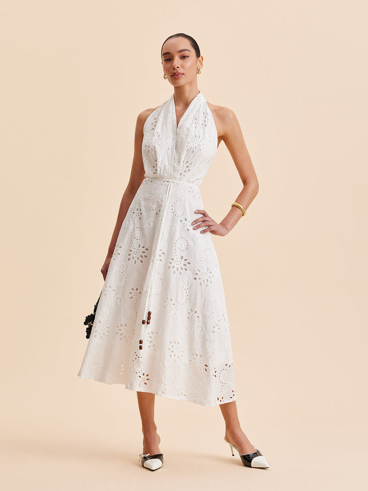 Women's Halter Neck Eyelet Belted Midi Dress for Stylish Summer Wear