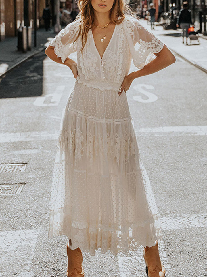 Hazel | Women's V-Neck Lace A-Line Midi Dress Replacement